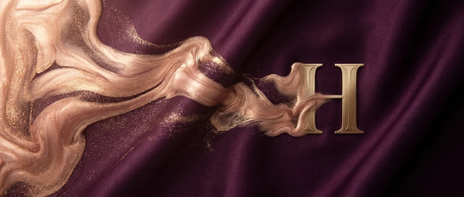 Harpreet Randhawa | CAQA International Harpreet Randhawa's monogram with gold marble and purple satin, representing international business relations at CAQA.